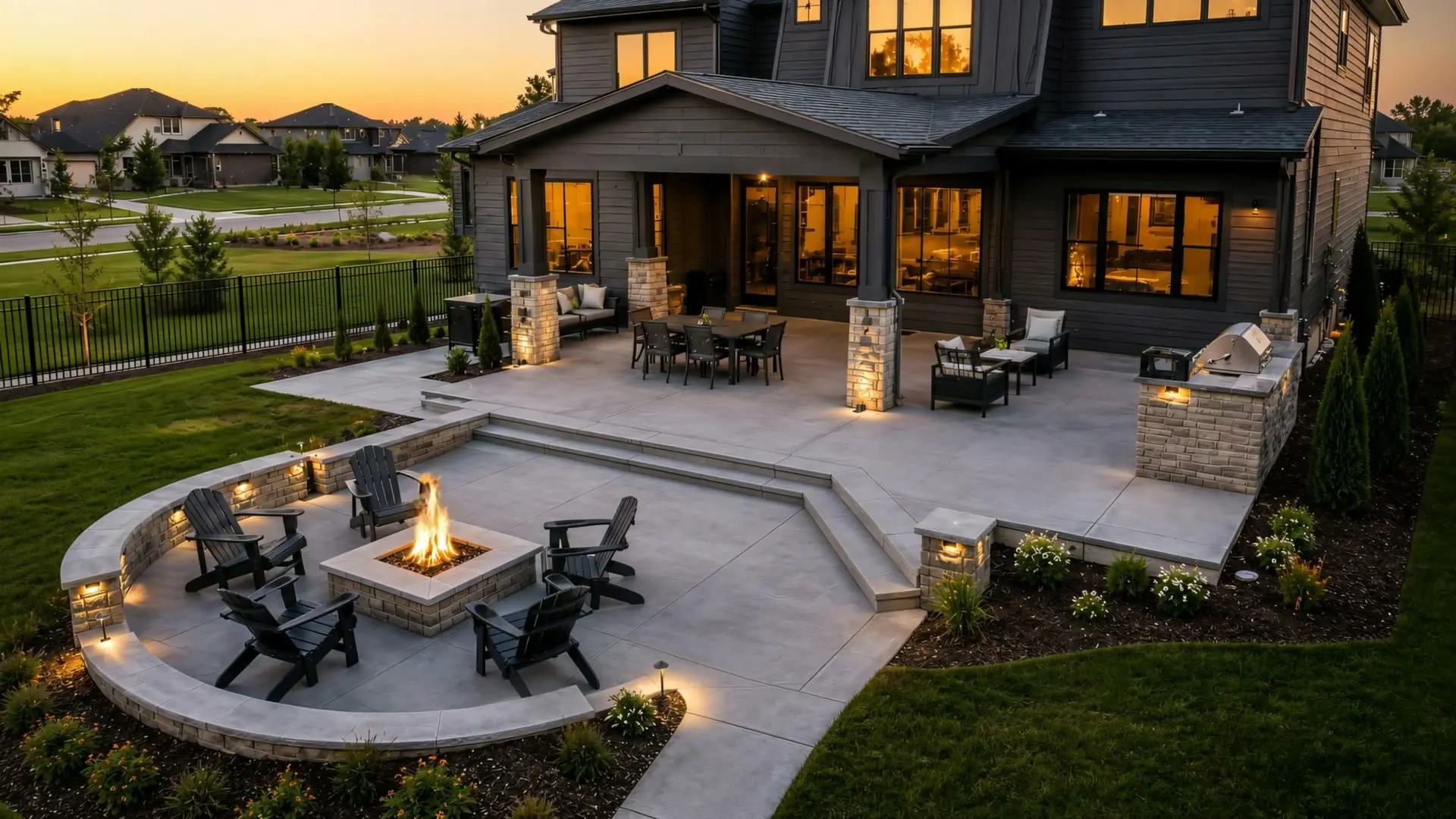Finished concrete patio with fire pit, seating, and outdoor kitchen at dusk